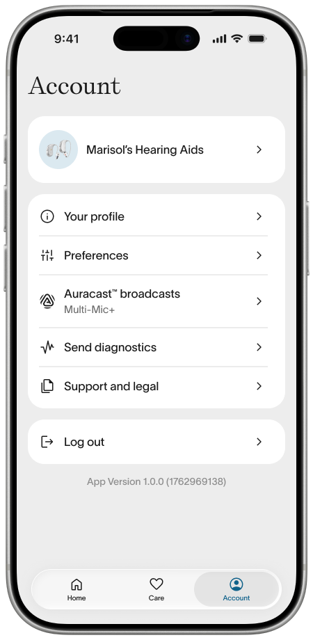 Fortell app — Account showing Multi-Mic+ as the connected broadcast