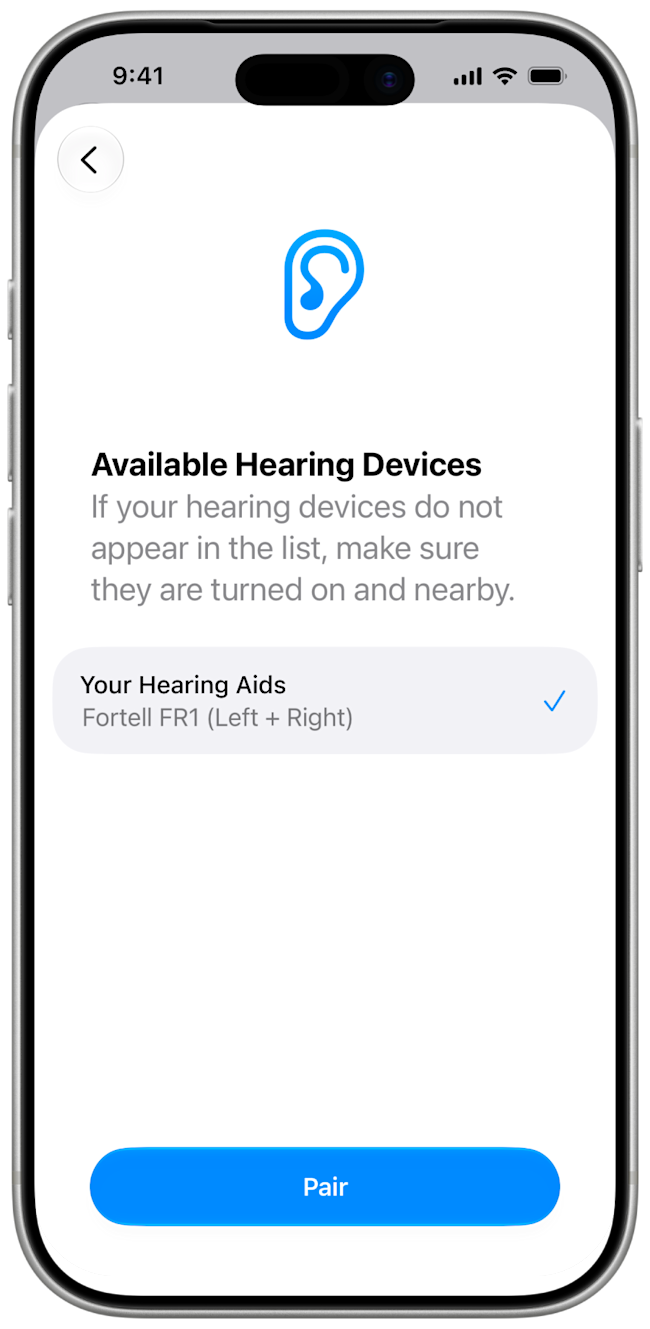 iOS 27 Your Hearing Aids selected with the Pair button