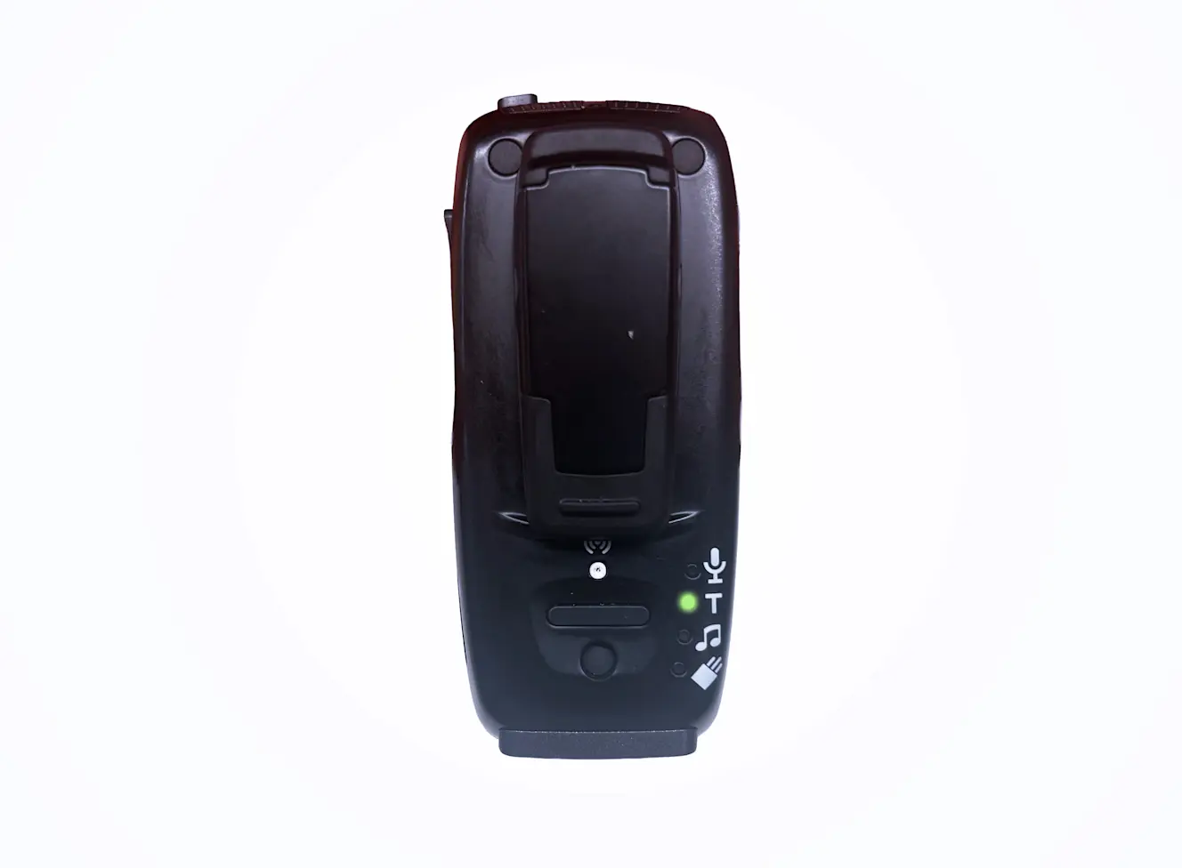 Multi-Mic+ back panel with the green LED beside the T (telecoil) icon