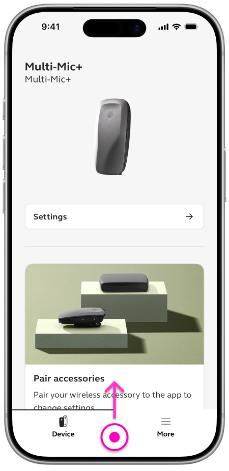 GN Auracast+ — Multi-Mic+ device screen, swipe up to exit