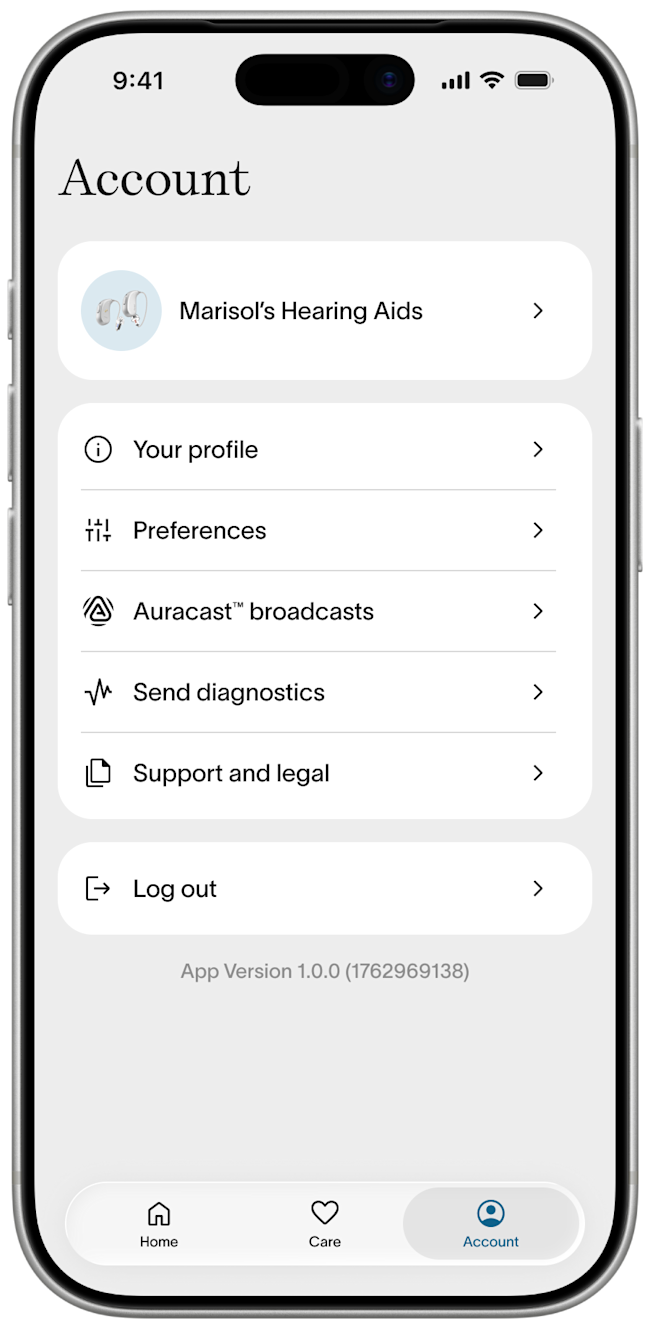Fortell app — Account tab with Auracast™ broadcasts