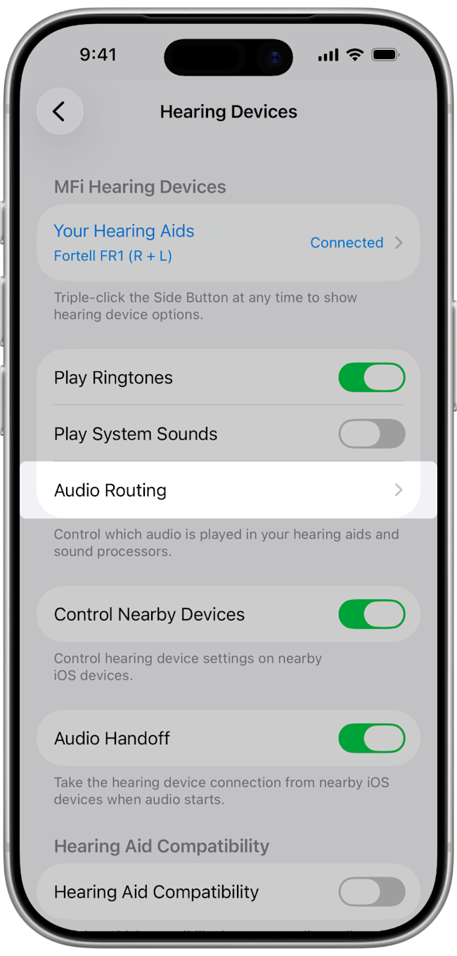 iPhone Settings — Accessibility > Hearing Devices > Audio Routing path (3 of 3)