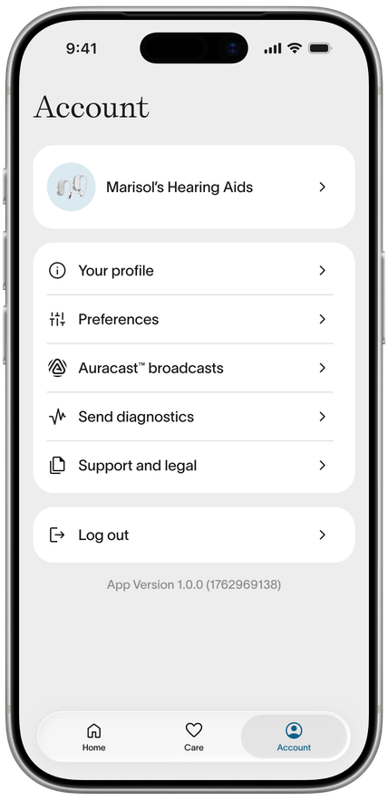 Fortell app — Account tab with Auracast™ broadcasts