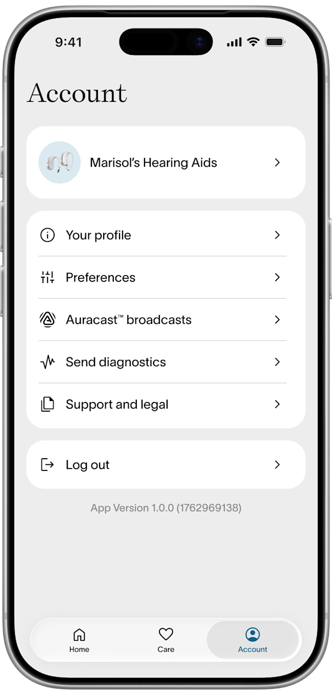 Fortell app — Account tab with Auracast™ broadcasts