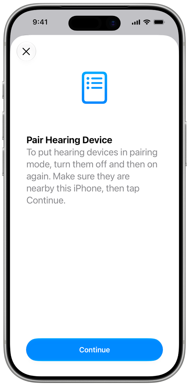 iOS 27 Pair Hearing Device sheet with the Continue button