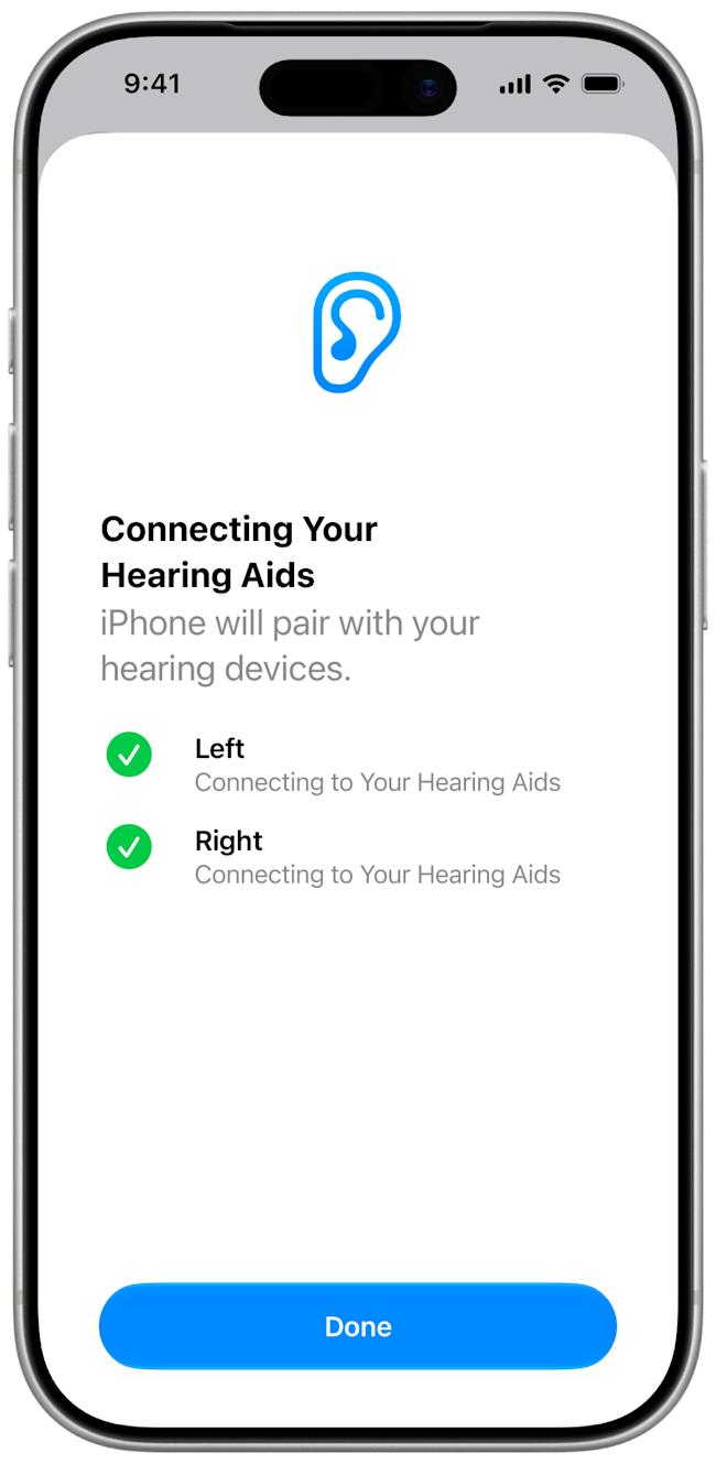 iOS 27 both hearing aids connected with the Done button