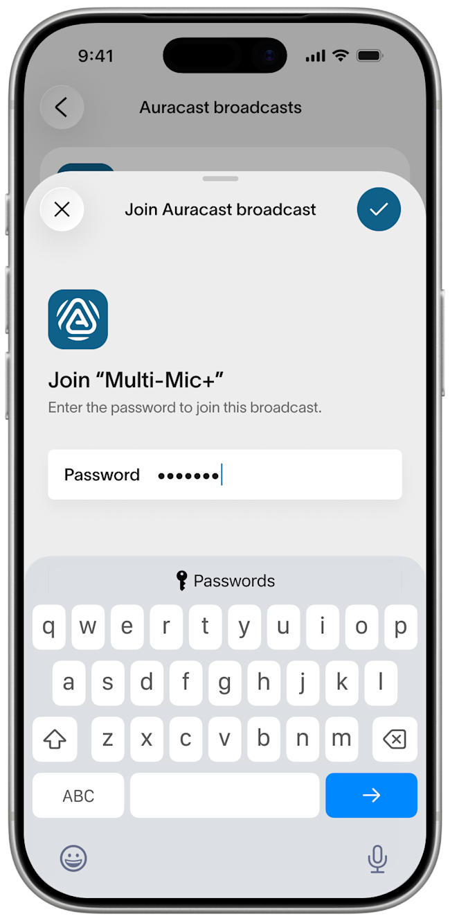 Fortell app — entering the Multi-Mic+ broadcast password