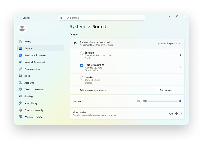 Windows Settings — System > Sound, with Avantree C82 Aura selected