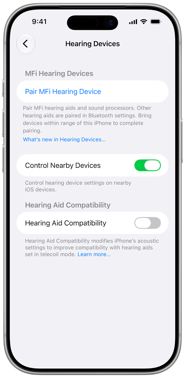 iOS 27 Hearing Devices screen with Pair MFi Hearing Device