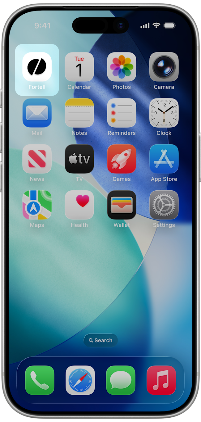 Fortell app — iPhone Home screen with the Fortell app icon