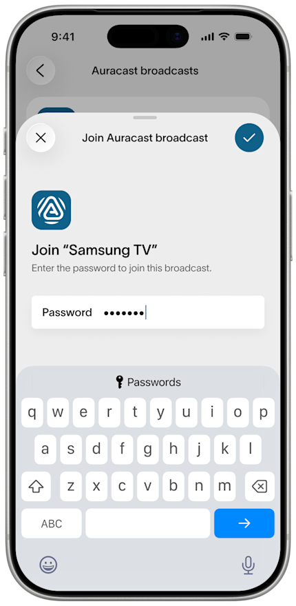 Fortell app — entering the password for a protected Auracast™ broadcast