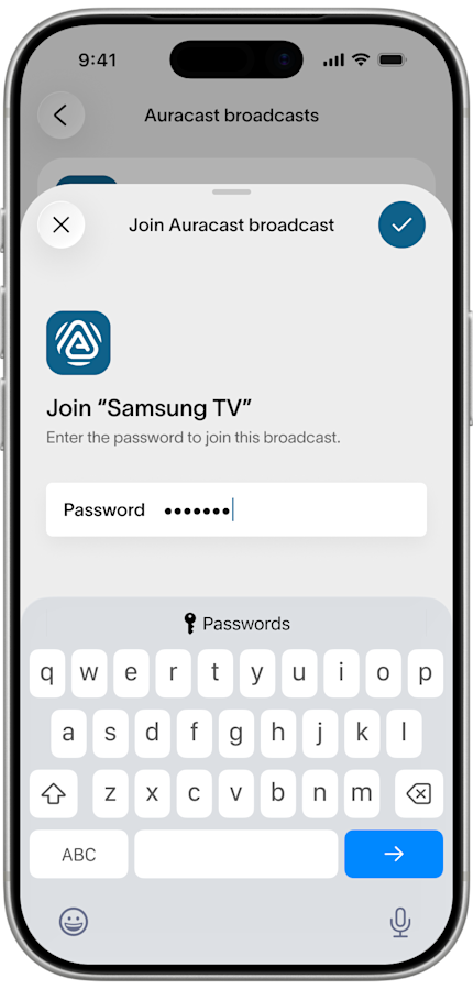 Fortell app — entering the password for a protected Auracast™ broadcast