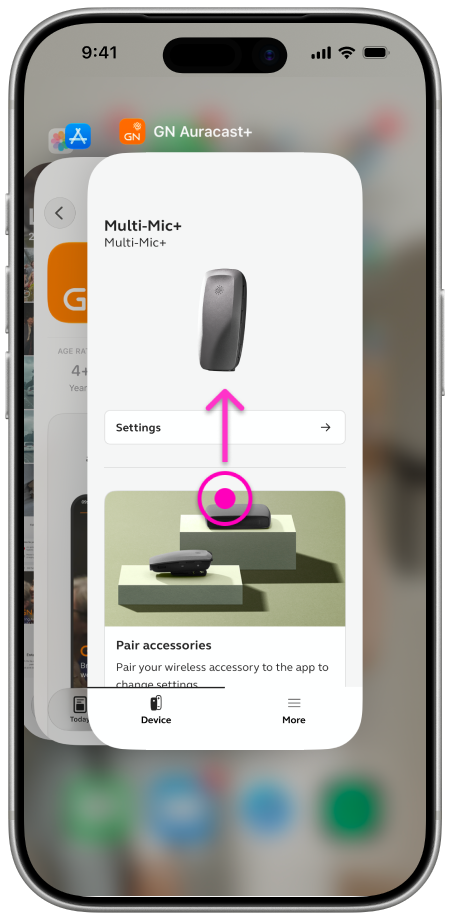 iOS app switcher — swipe up to close GN Auracast+