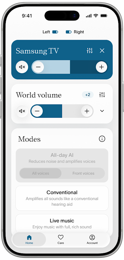 Fortell app — Home screen with World volume lowered below the Samsung TV broadcast card