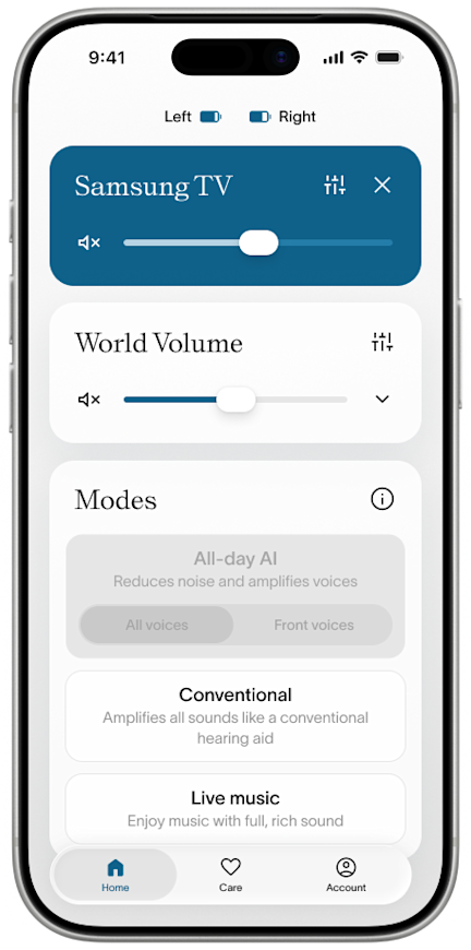 Fortell app — Home screen with the World Volume slider lowered below the Samsung TV broadcast card
