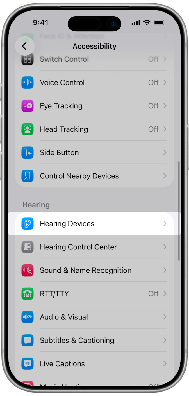 iPhone Settings — Accessibility > Hearing Devices > Audio Routing path (2 of 3)