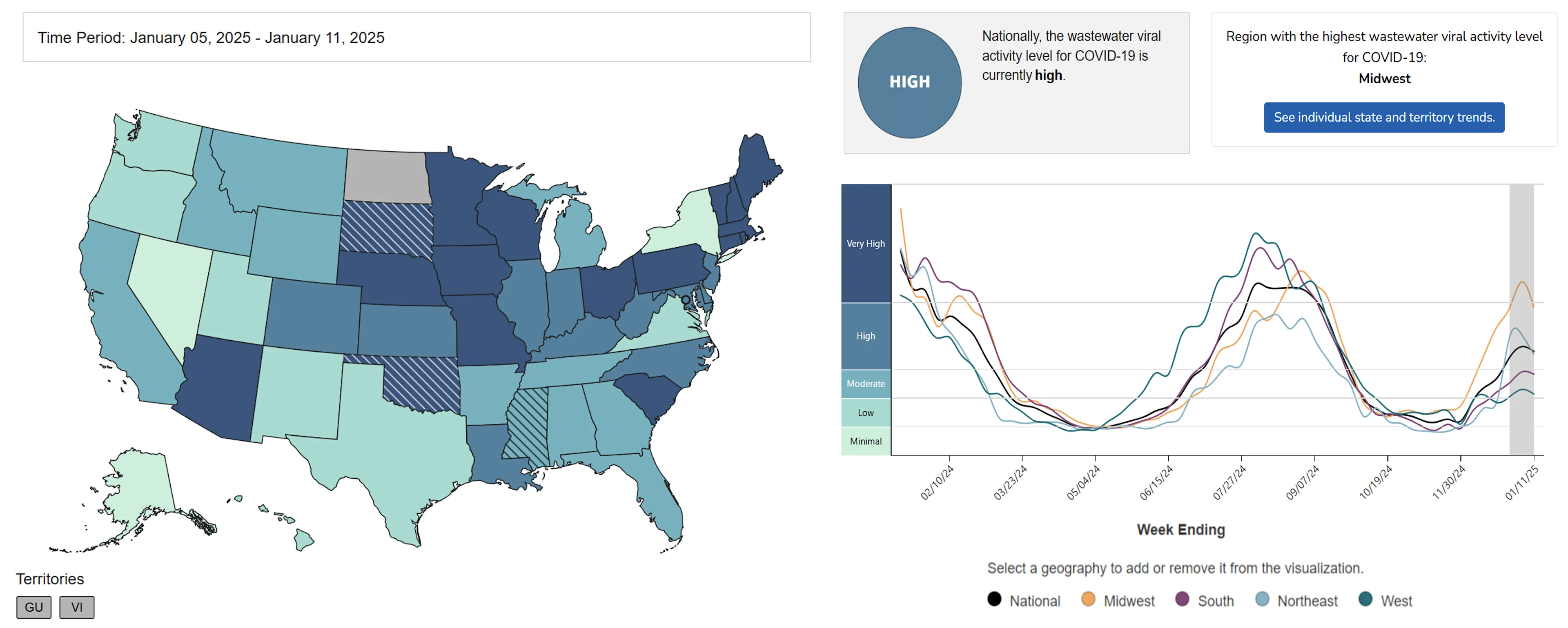 The CDC's map showing each state's COVID level in wastewater over the past week and chart showing national wastewater levels over the past 12 months.