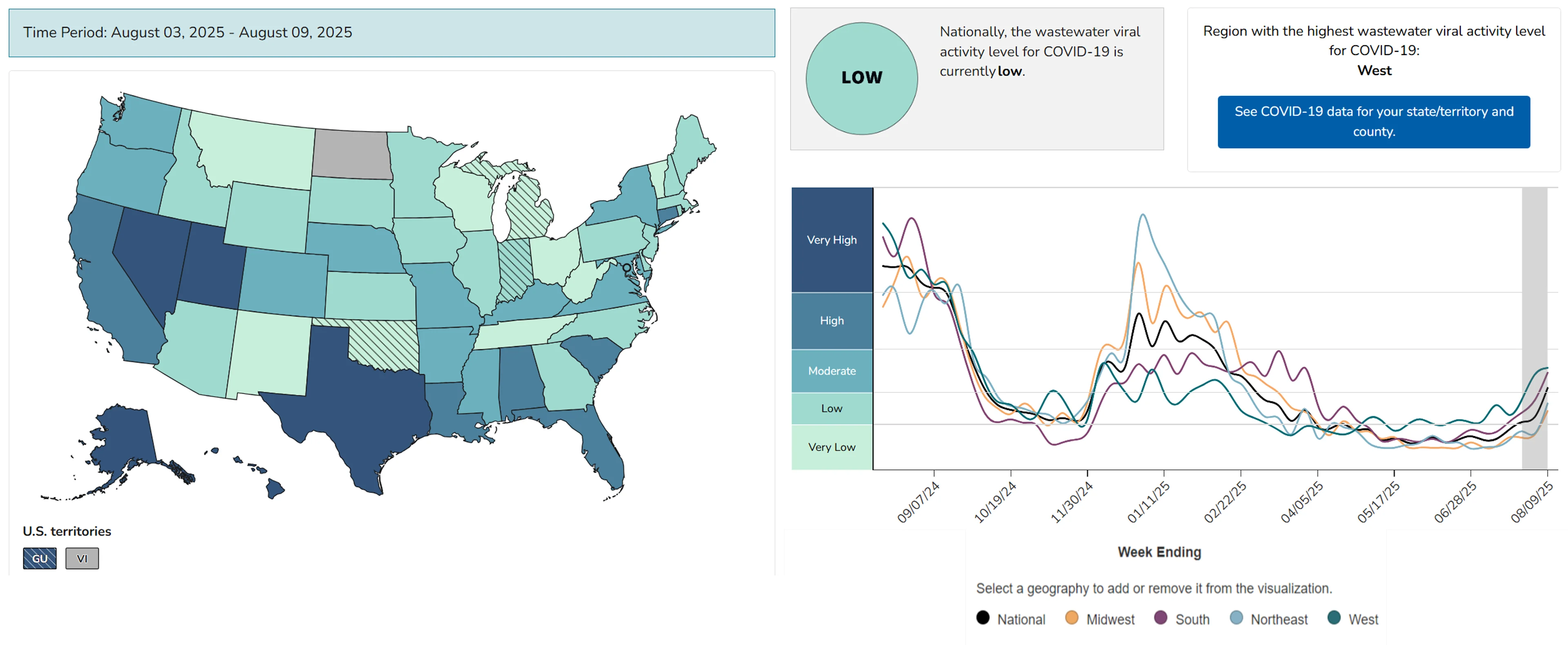 The CDC's map showing each state's COVID level in wastewater over the past week and chart showing national wastewater levels over the past 12 months.