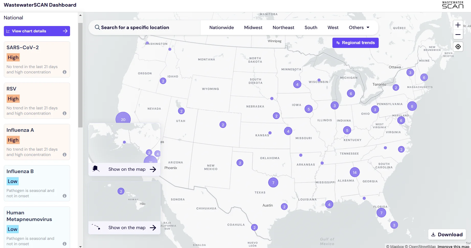 The dashboard page of WastewaterSCAN, as downloaded on August 4, 2023. Shows a map of the US with wastewater sampling locations identified.