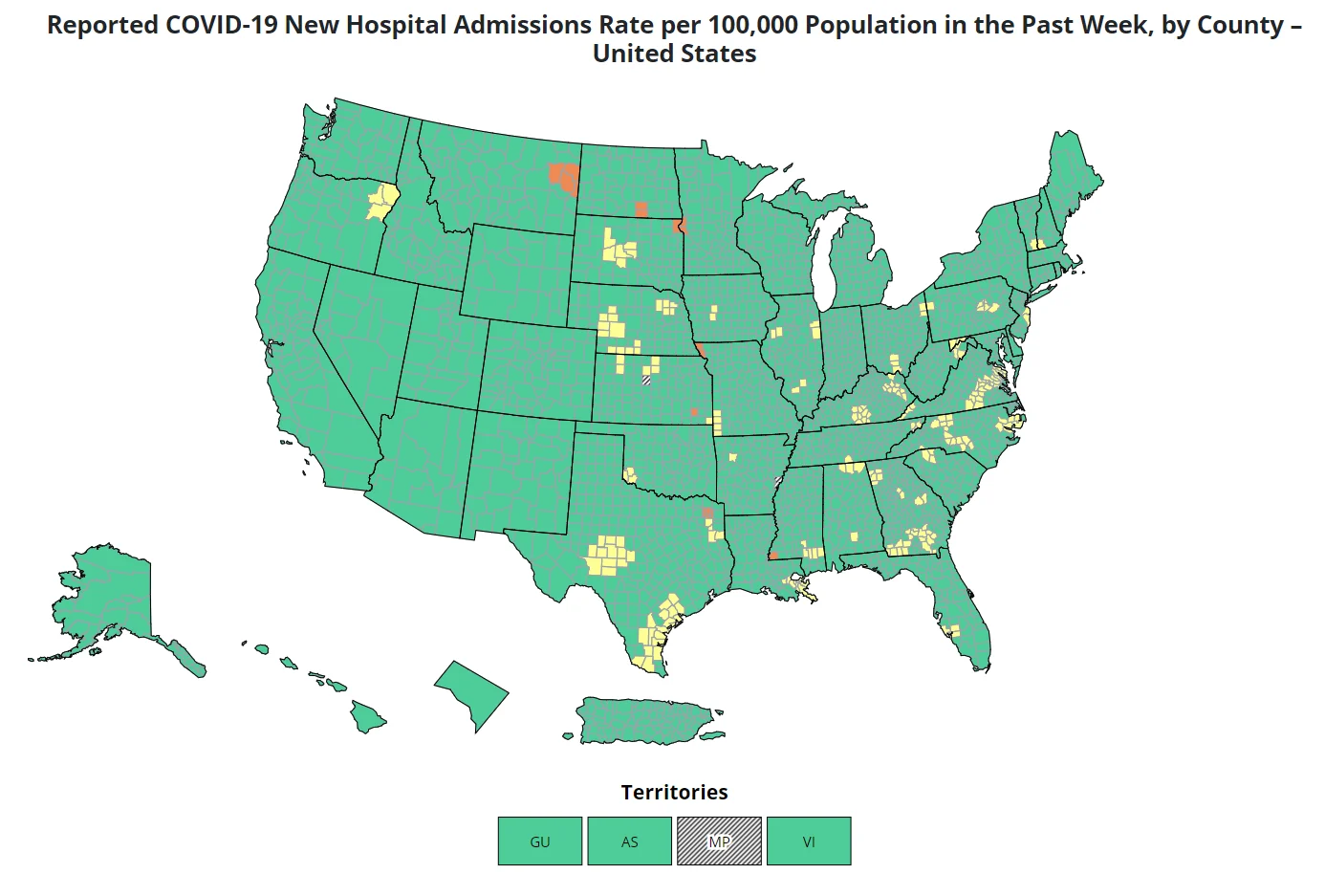Una captura de pantalla de recepción del CDC Data Tracker de su mapa de datos de EE. UU. que muestra los niveles de admisiones hospitalarias por COVID-19 por condado.