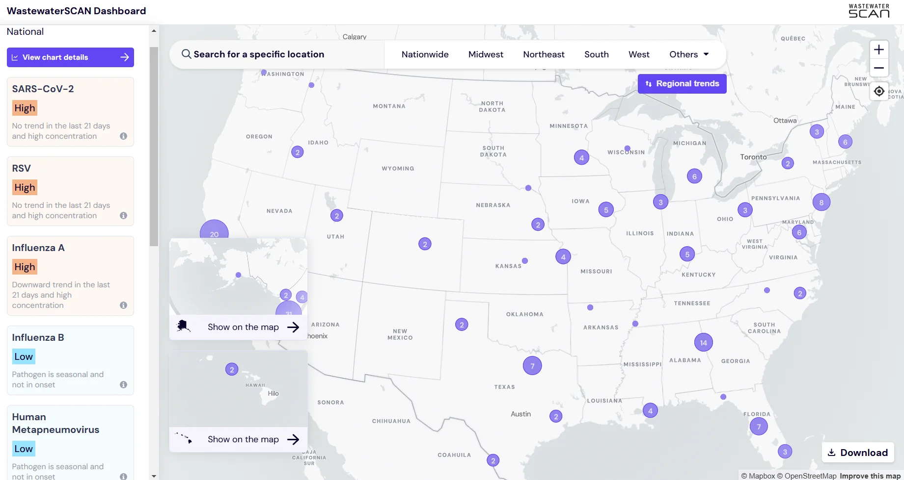 The dashboard page of WastewaterSCAN, as downloaded on August 4, 2023. Shows a map of the US with wastewater sampling locations identified.