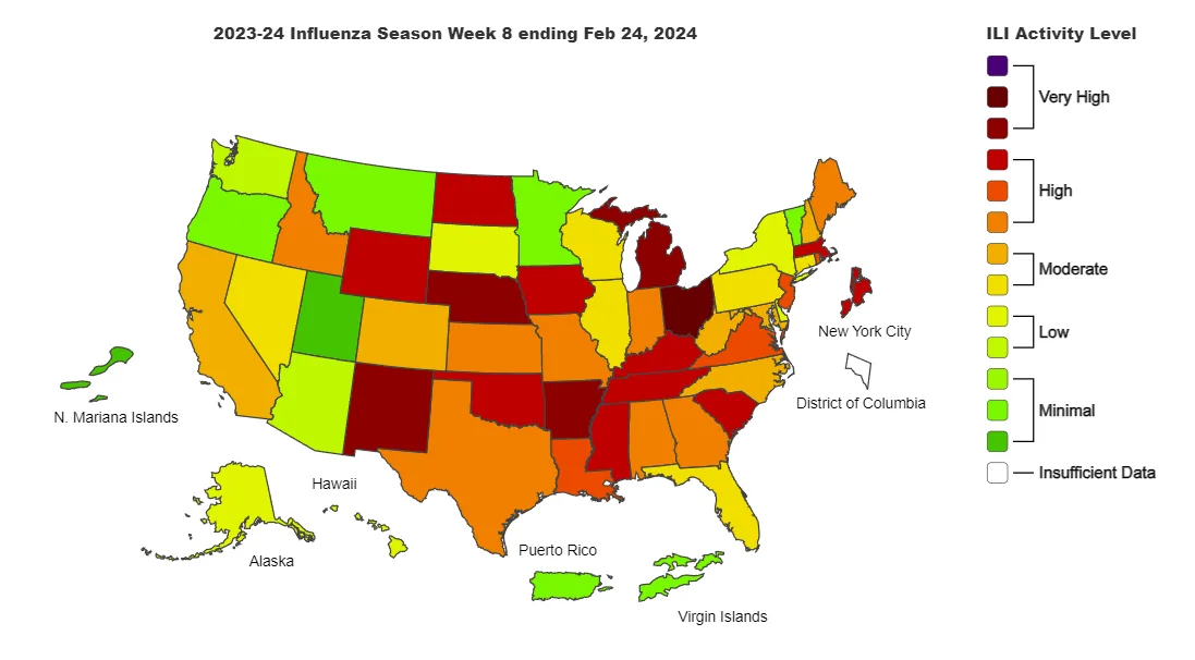 Recent screen capture from the CDC FluView US data map showing influenza-like illness (ILI) activity by state.