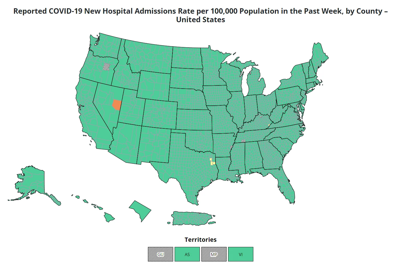 Una captura de pantalla de recepción del CDC Data Tracker de su mapa de datos de EE. UU. que muestra los niveles de admisiones hospitalarias por COVID-19 por condado.