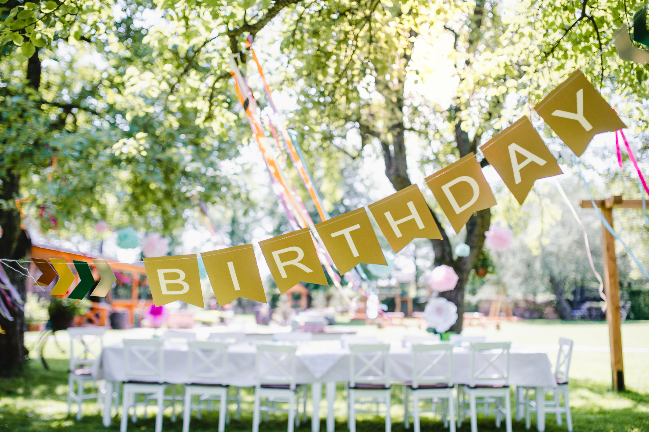 Imagen al aire libre con banner de cumpleaños colgando en los árboles