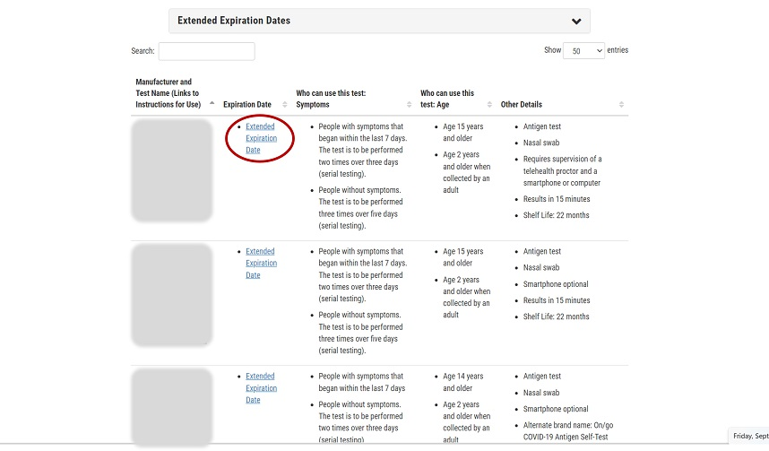 Screenshot of FDA page "At-Home OTC Diagnostic Tests," downloaded Sept. 1, 2023. First instance of "Expiration date extended" in the Expiration Date column is circled.