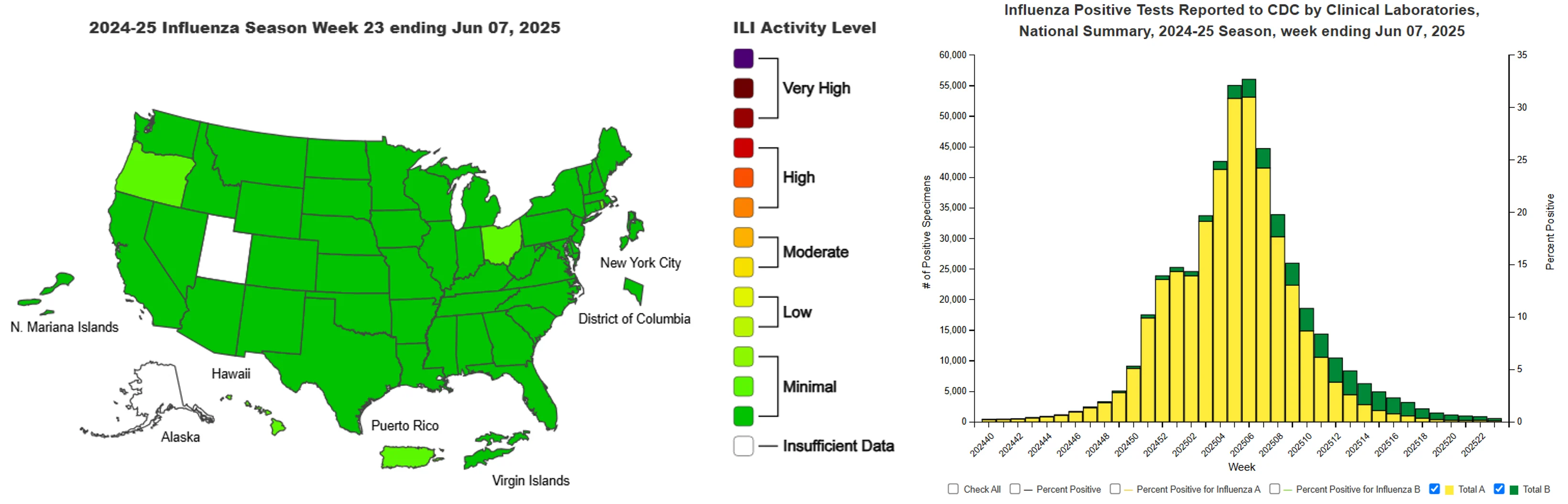 The CDC's US map showing levels of influenza-like illness by state and chart showing levels of positive flu tests during the current season.
