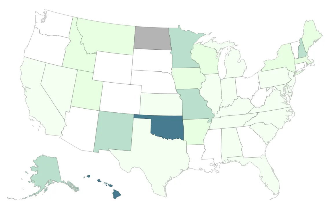 A recent screen capture of the CDC's US data map showing each state's COVID level in wastewater over the past week.