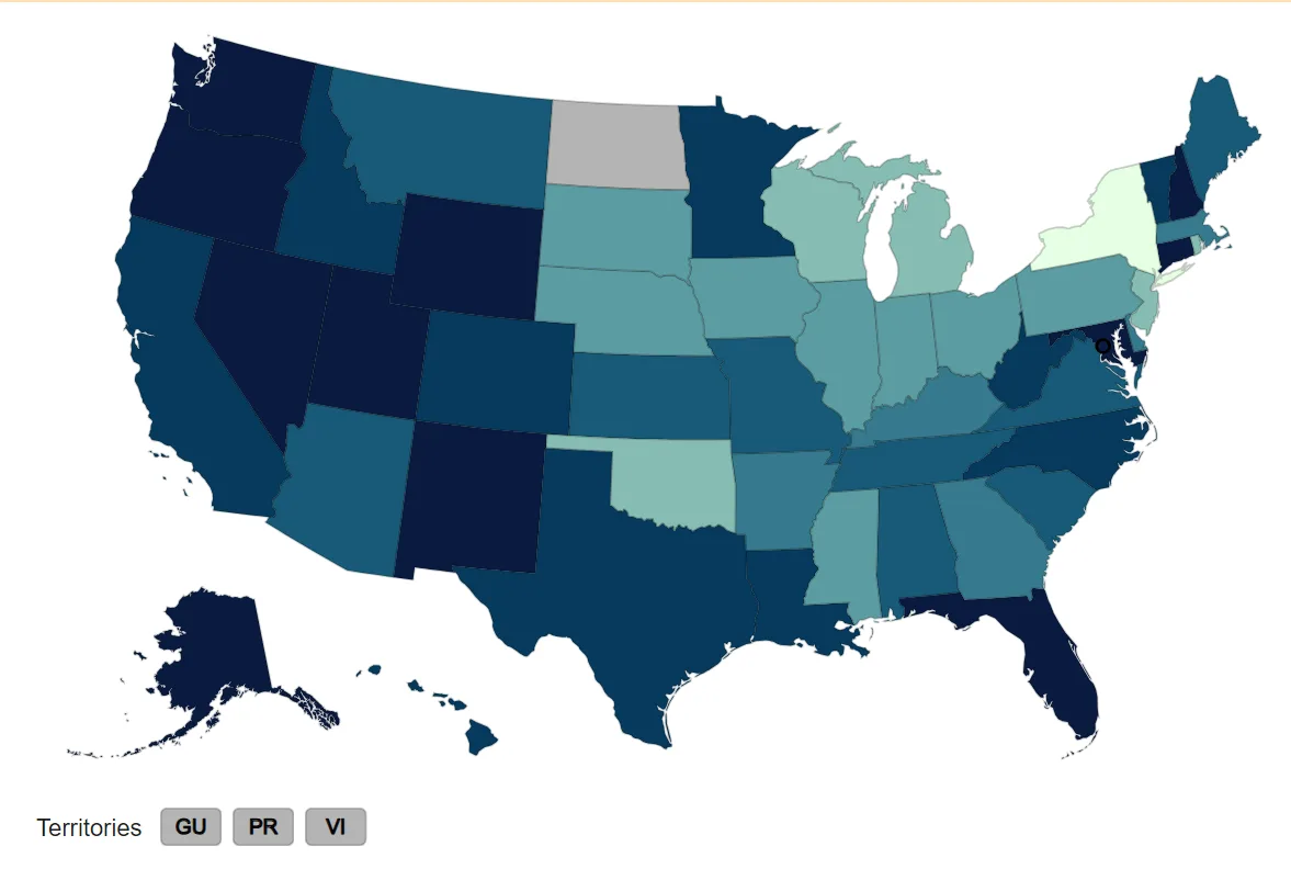 A recent screen capture of the CDC's US data map showing each state's COVID level in wastewater over the past week.