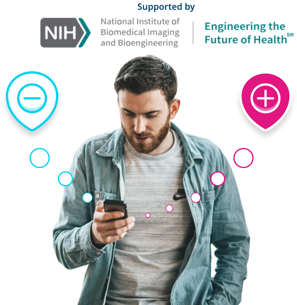 Image - Man looking at phone to find out results of at home tests with logo supported by NIH, National Institute of Biomedical Imaging and Bioengineering - link