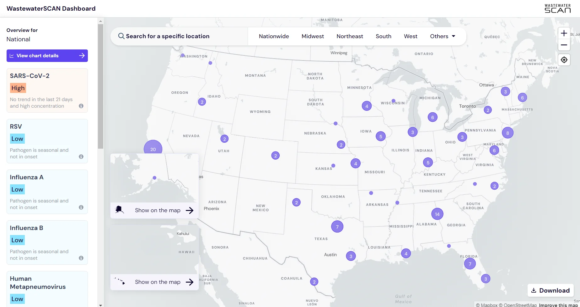 The dashboard page of WastewaterSCAN, as downloaded on August 4, 2023. Shows a map of the US with wastewater sampling locations identified.