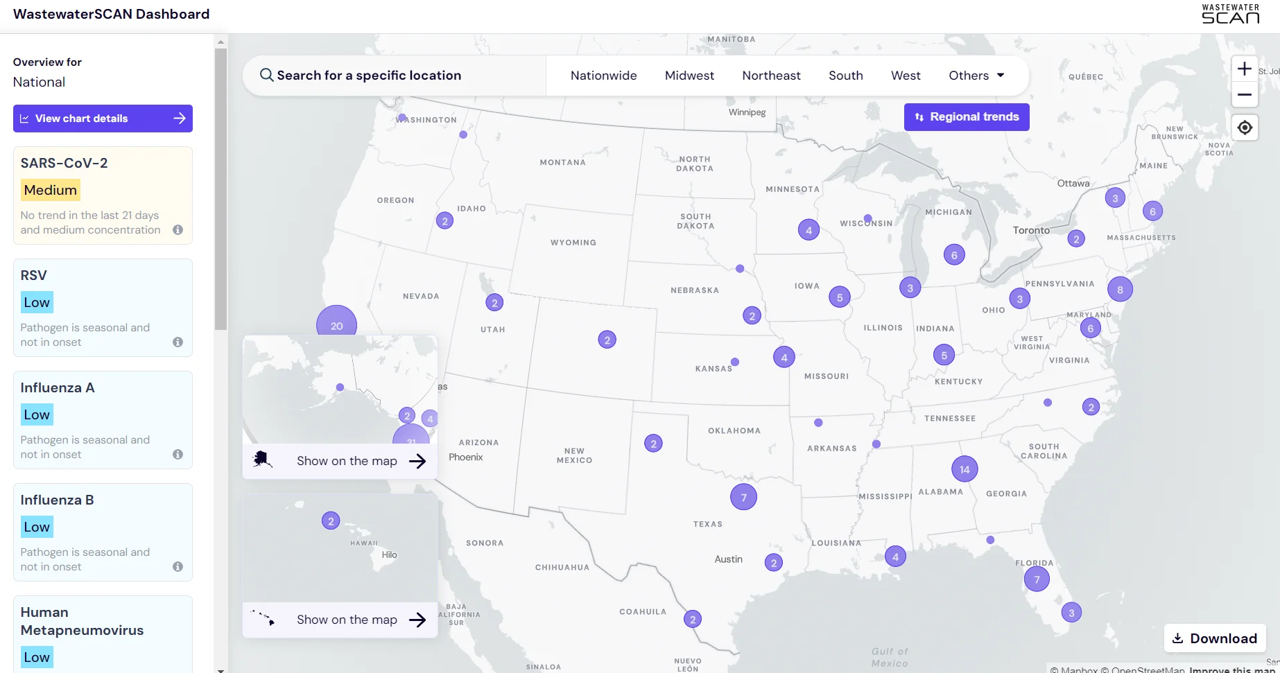 The dashboard page of WastewaterSCAN, as downloaded on August 4, 2023. Shows a map of the US with wastewater sampling locations identified.