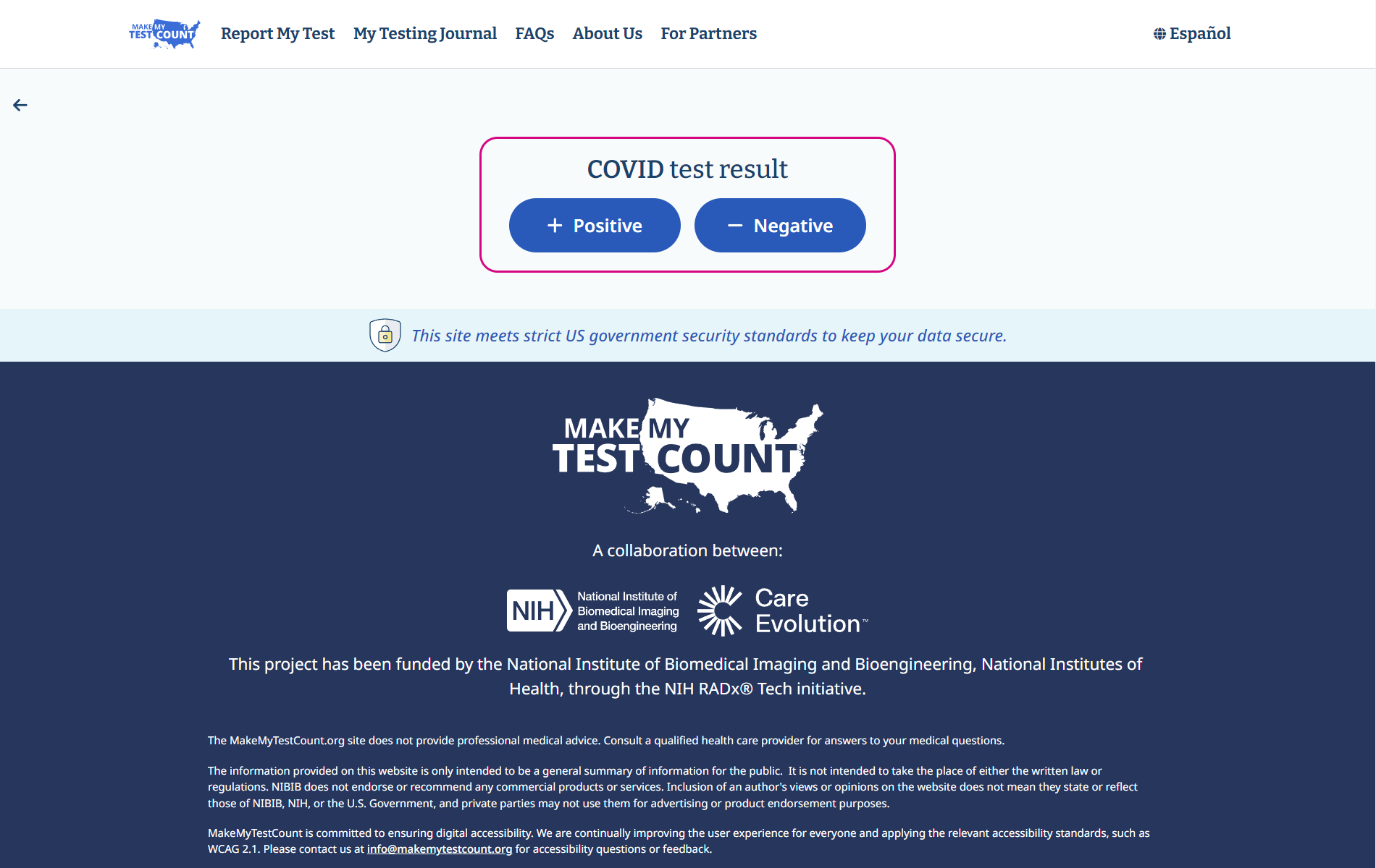 Screenshot of MakeMyTestCount.org page on which user reports the result of their at-home COVID test.