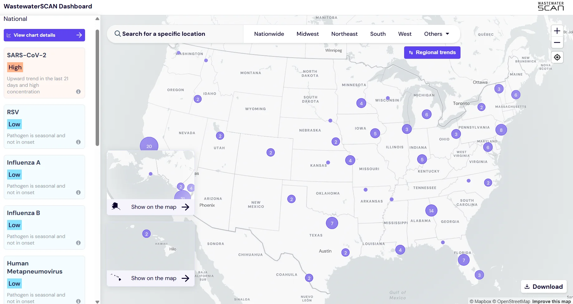 The dashboard page of WastewaterSCAN, as downloaded on August 4, 2023. Shows a map of the US with wastewater sampling locations identified.