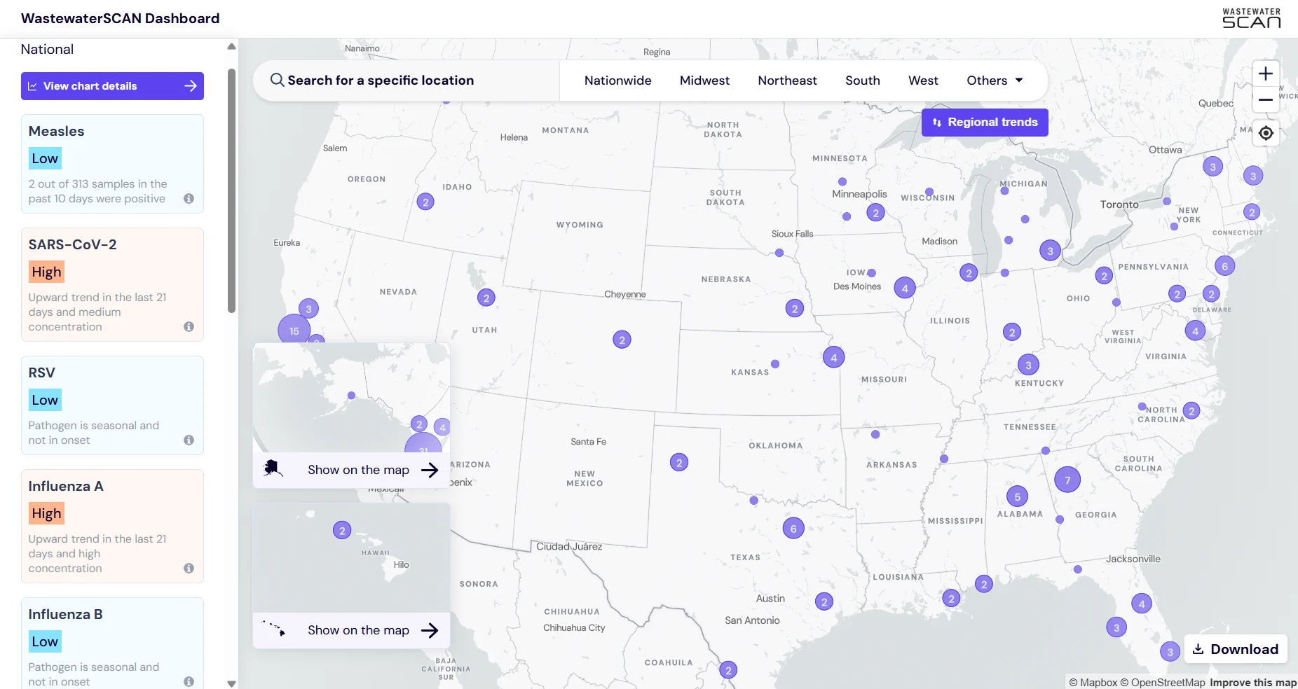 The dashboard page of WastewaterSCAN, as downloaded on August 4, 2023. Shows a map of the US with wastewater sampling locations identified.