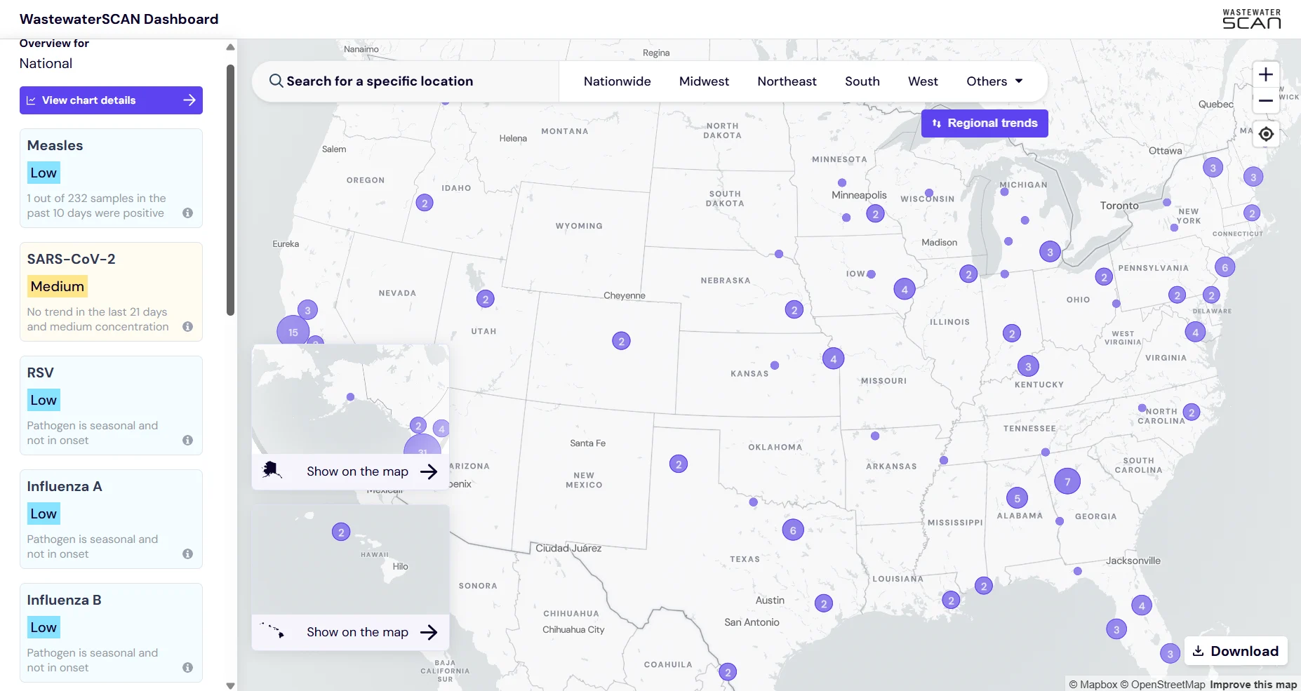 The dashboard page of WastewaterSCAN, as downloaded on August 4, 2023. Shows a map of the US with wastewater sampling locations identified.