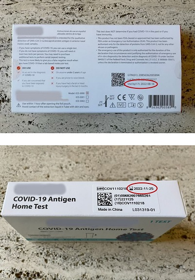 Embalaje de dos muestras de distintas marcas de pruebas rapida con fechas de vencimiento marcadas con un circulo.