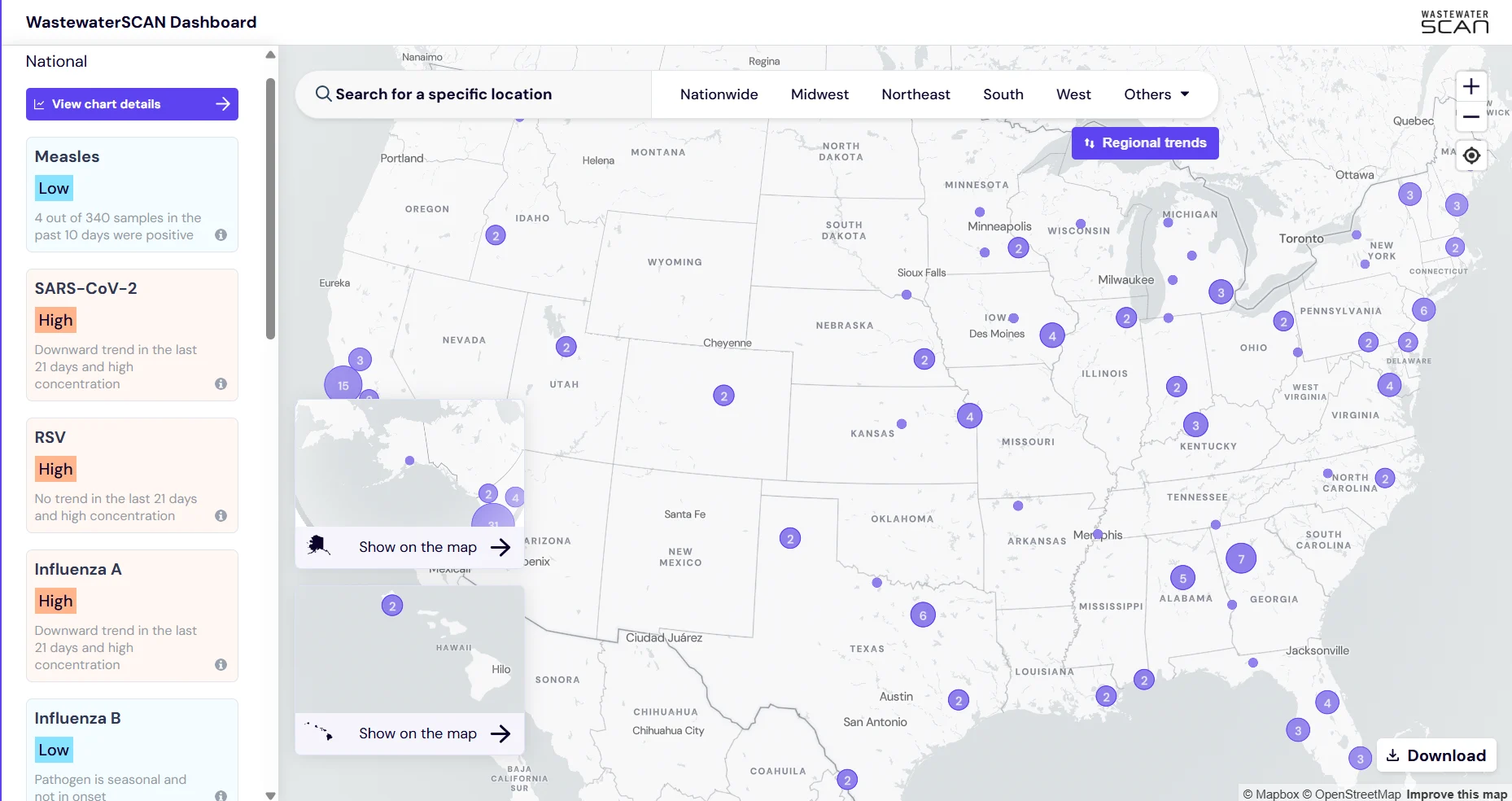 The dashboard page of WastewaterSCAN, as downloaded on August 4, 2023. Shows a map of the US with wastewater sampling locations identified.