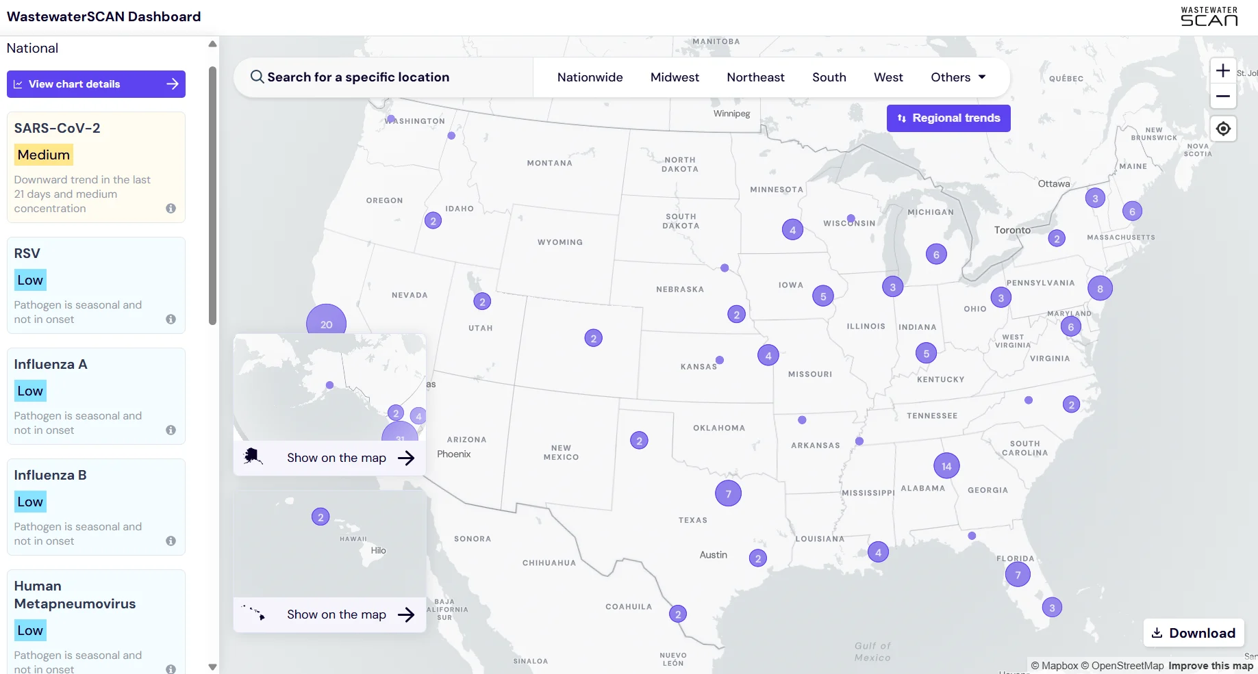 The dashboard page of WastewaterSCAN, as downloaded on August 4, 2023. Shows a map of the US with wastewater sampling locations identified.