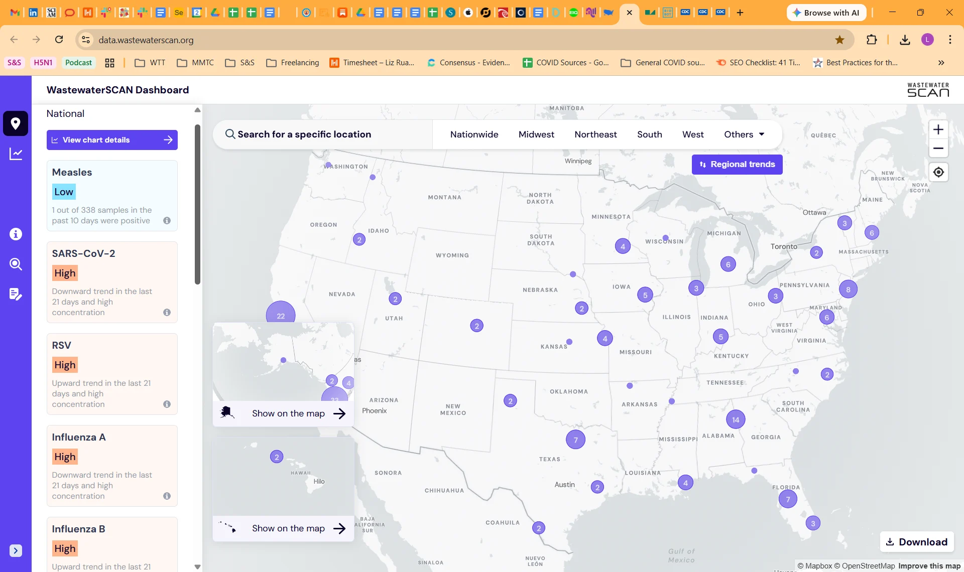 The dashboard page of WastewaterSCAN, as downloaded on August 4, 2023. Shows a map of the US with wastewater sampling locations identified.