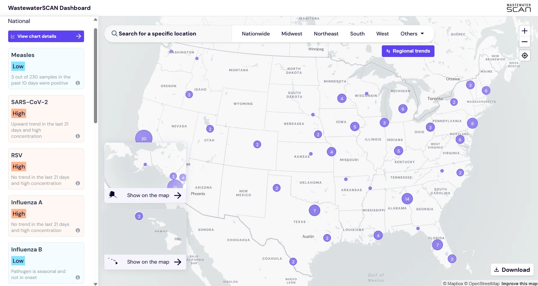 The dashboard page of WastewaterSCAN, as downloaded on August 4, 2023. Shows a map of the US with wastewater sampling locations identified.