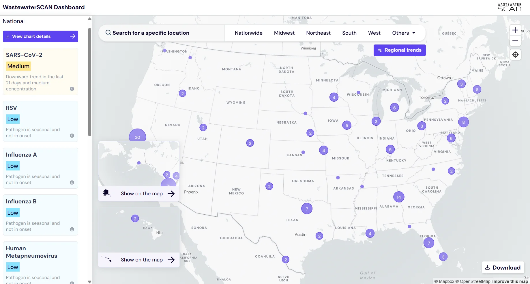 The dashboard page of WastewaterSCAN, as downloaded on August 4, 2023. Shows a map of the US with wastewater sampling locations identified.