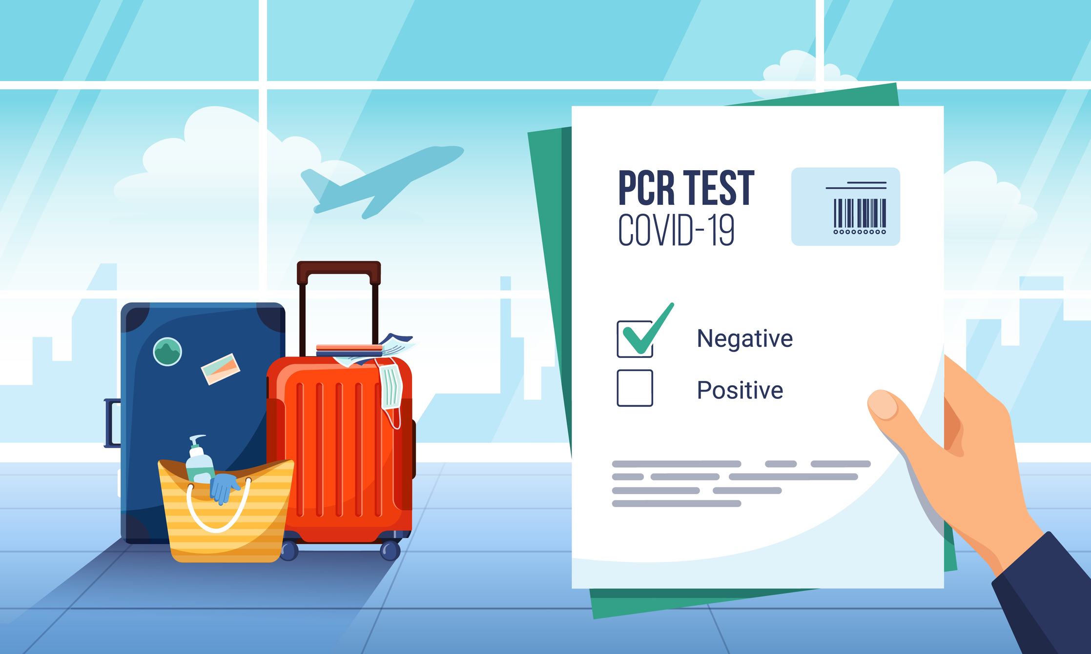 Cartoon of suitcases and a hand holding results of a negative COVID test