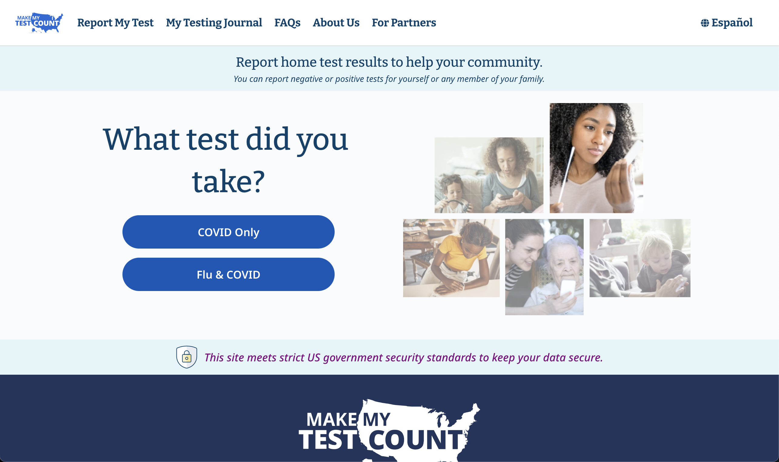  Captura de pantalla de la página MakeMyTestCount.org en la que el usuario debe hacer clic en el botón "positivo" o "negativo".