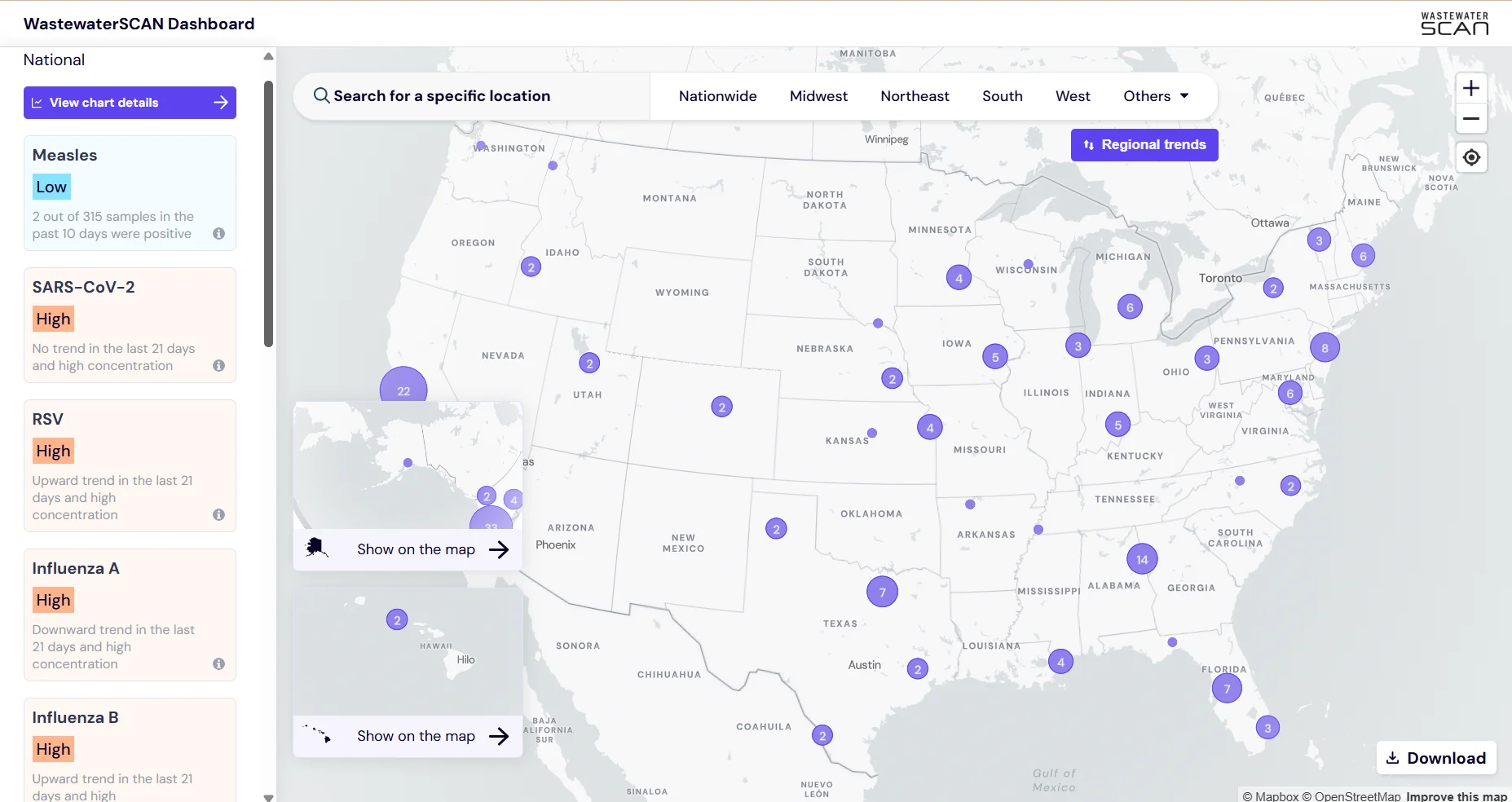 The dashboard page of WastewaterSCAN, as downloaded on August 4, 2023. Shows a map of the US with wastewater sampling locations identified.