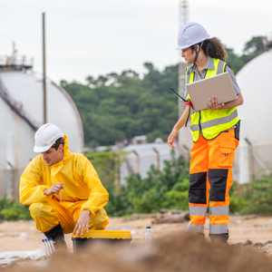 A worker in protective clothing kneels near a marked area of soil while another worker wearing a hard hat, high-visibility vest and carrying a clipboard stands nearby at an industrial site.