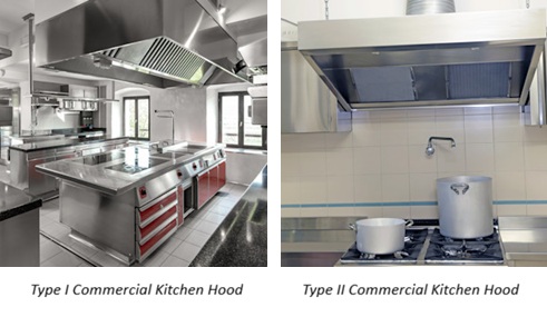 Type 1 and Type 2 commercial kitchen hood examples